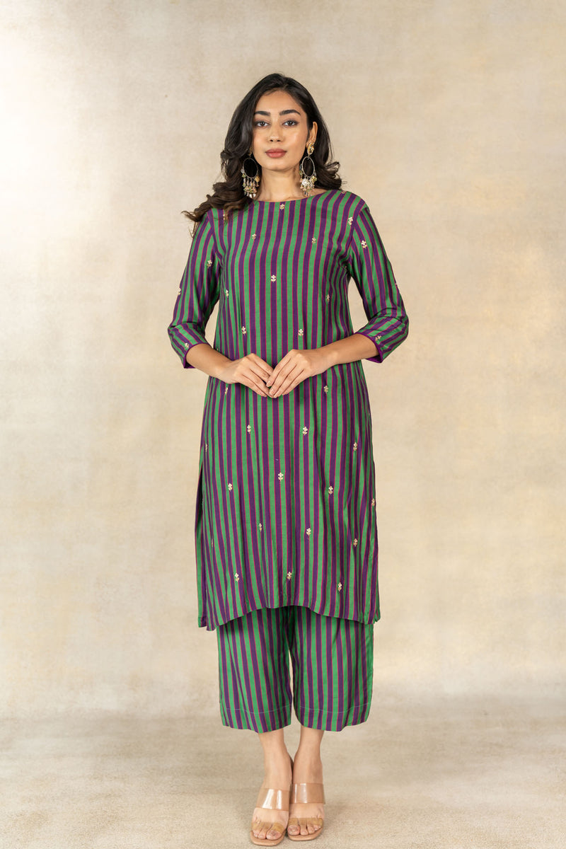 Green-purple multicolor striped printed kurta set