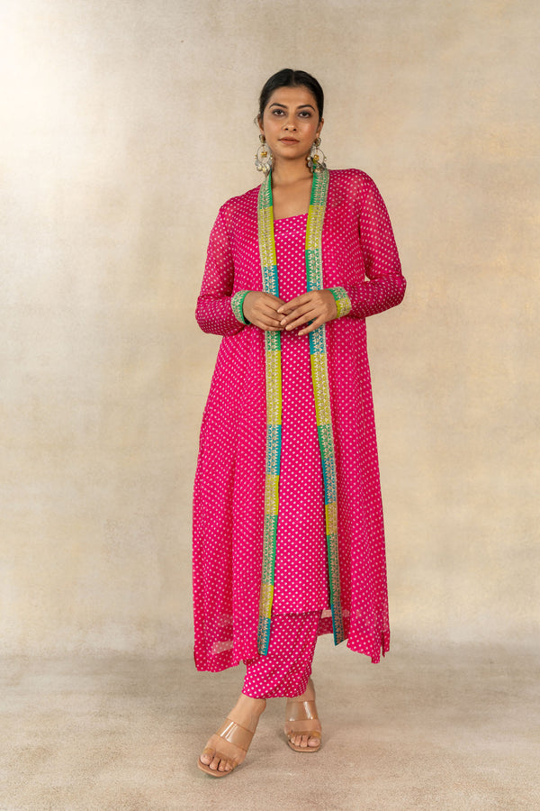 Pink bandhani printed jacket set