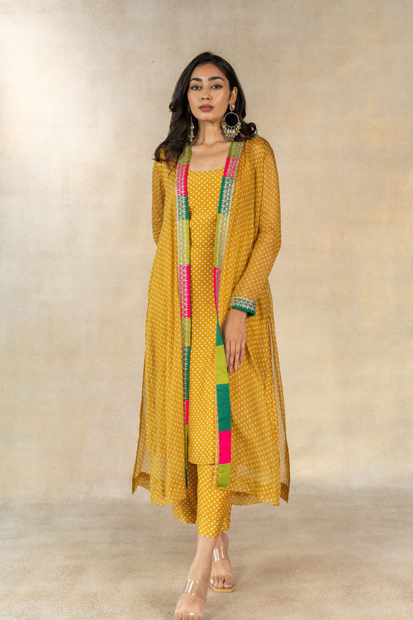 Mustard bandhani printed jacket set