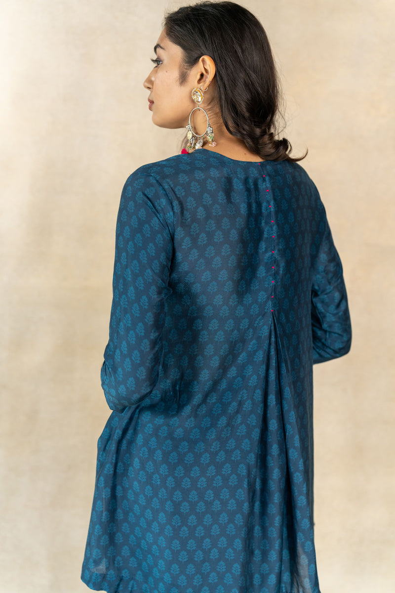 Teal blue tonal motif printed yoke embroidered co-ord set