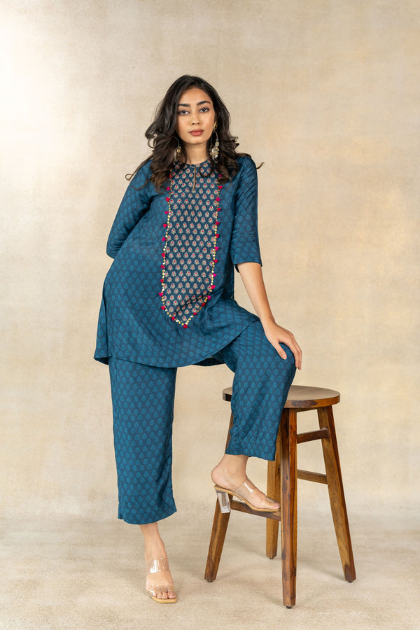 Teal blue tonal motif printed yoke embroidered co-ord set