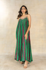 Dark green floral-dot striped printed baggy jumpsuit