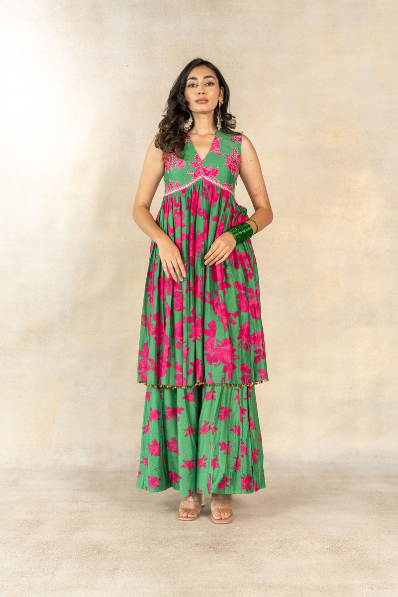 Dark green floral printed sharara set