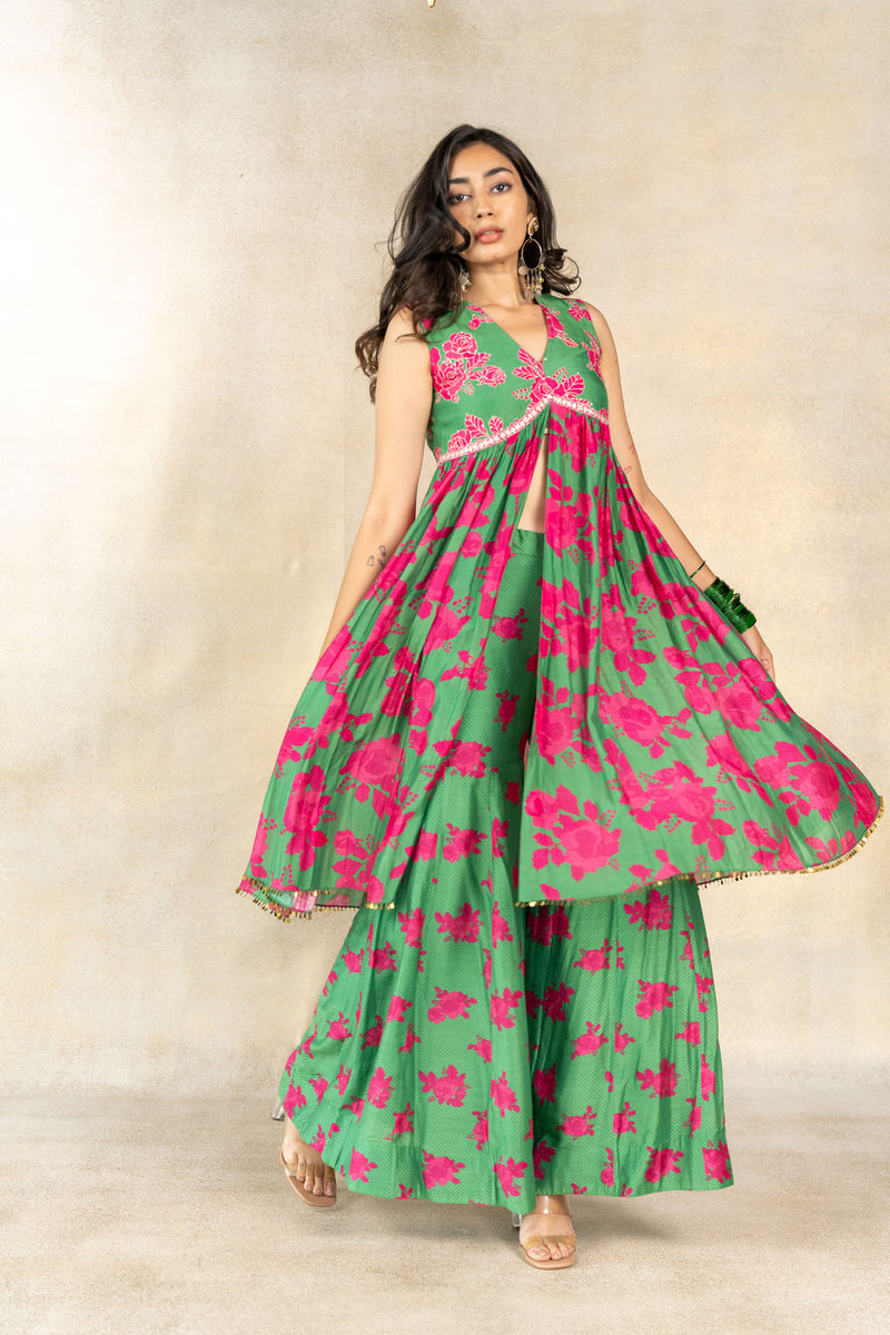 Dark green floral printed sharara set