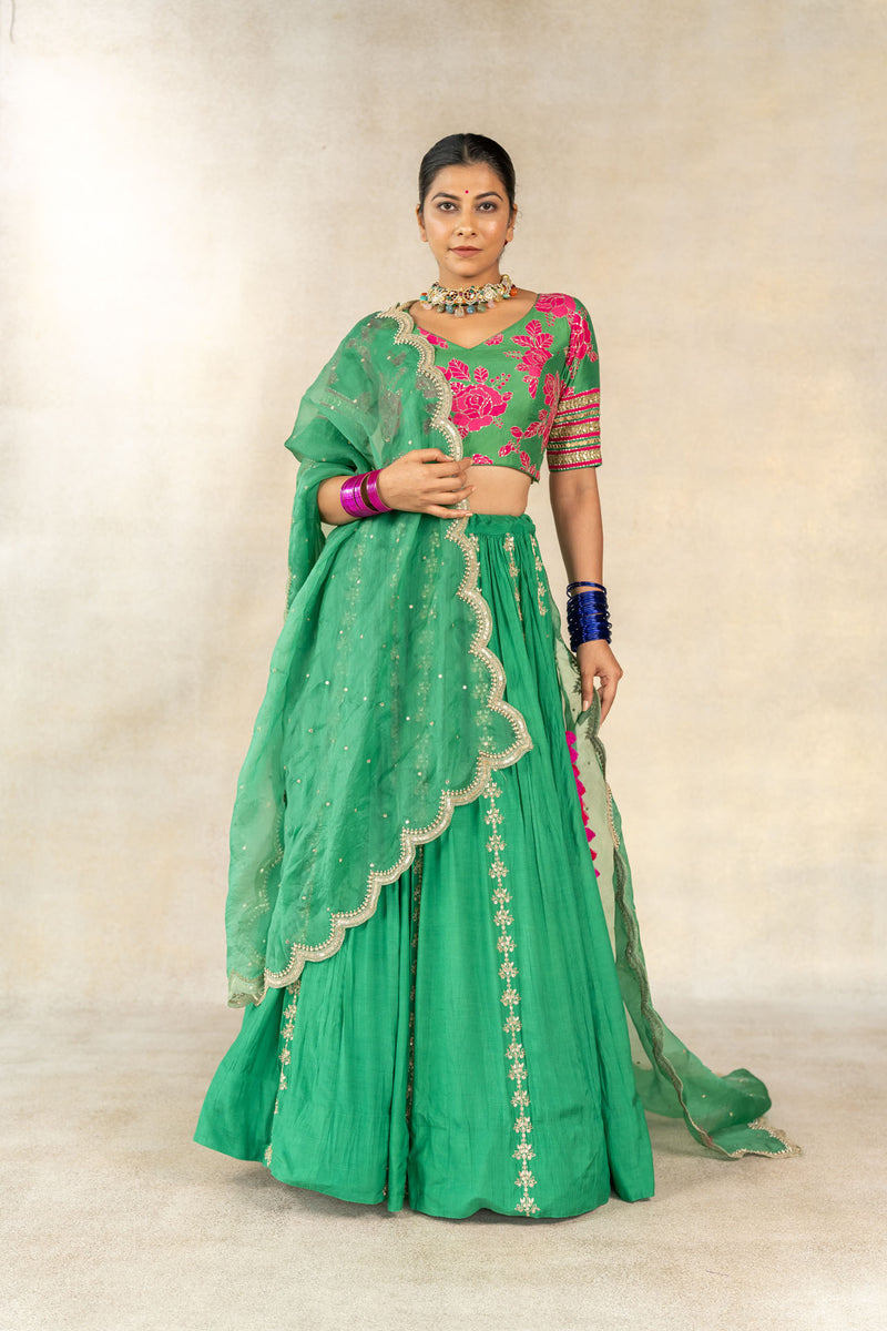 Dark green floral print embroidered lehenga set