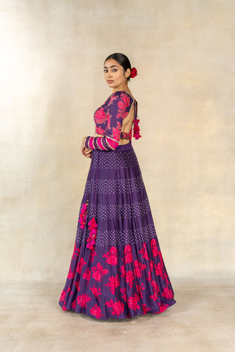 Purple floral- bandhani printed embroidered lehenga set