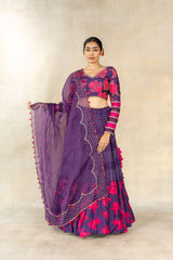 Purple floral- bandhani printed embroidered lehenga set