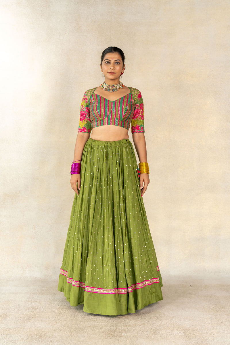 Mehendi green multi-print embroidered lehenga set