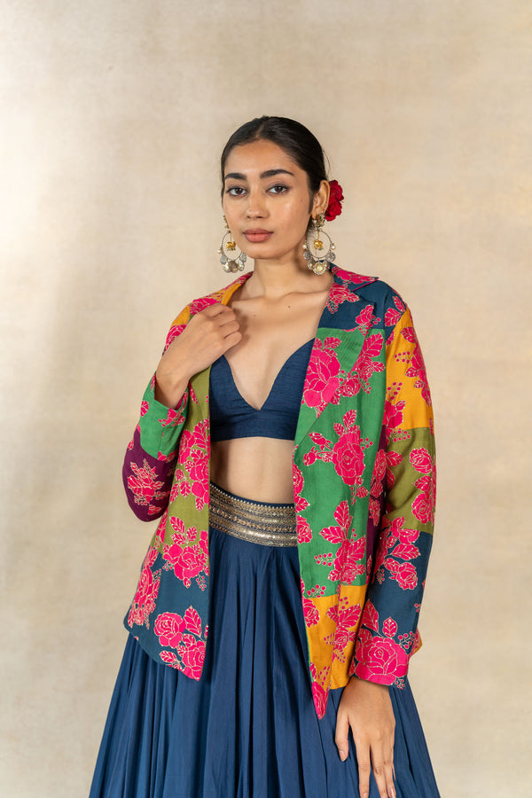 Multi-color floral printed patchwork blazer