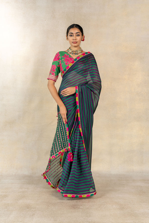 Green-purple multi-color striped printed saree set