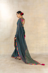 Green-purple multi-color striped printed saree set