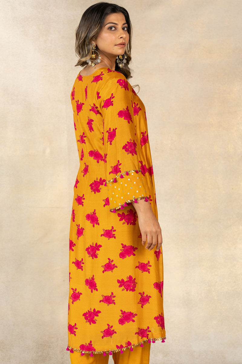 Mustard floral-dot printed kurta set