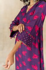 Purple floral-dot printed kurta set
