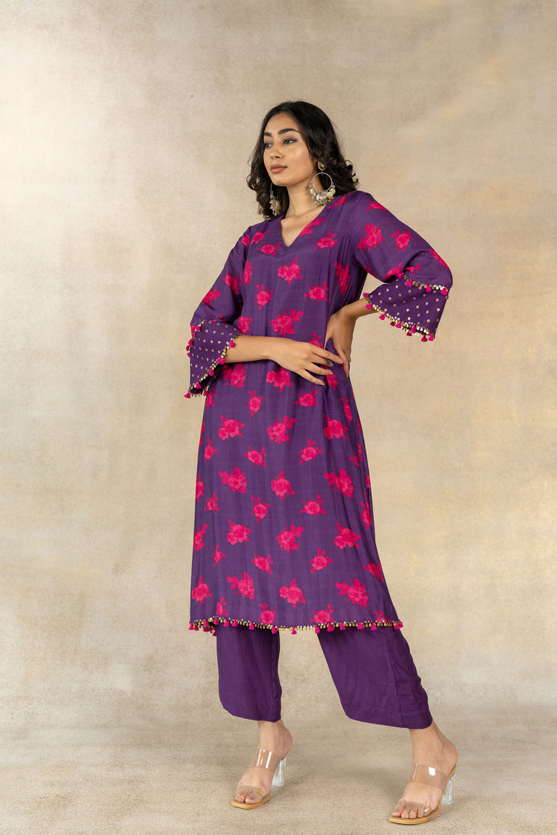 Purple floral-dot printed kurta set