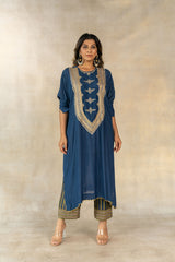 Teal blue embroidered yoke kaftan set