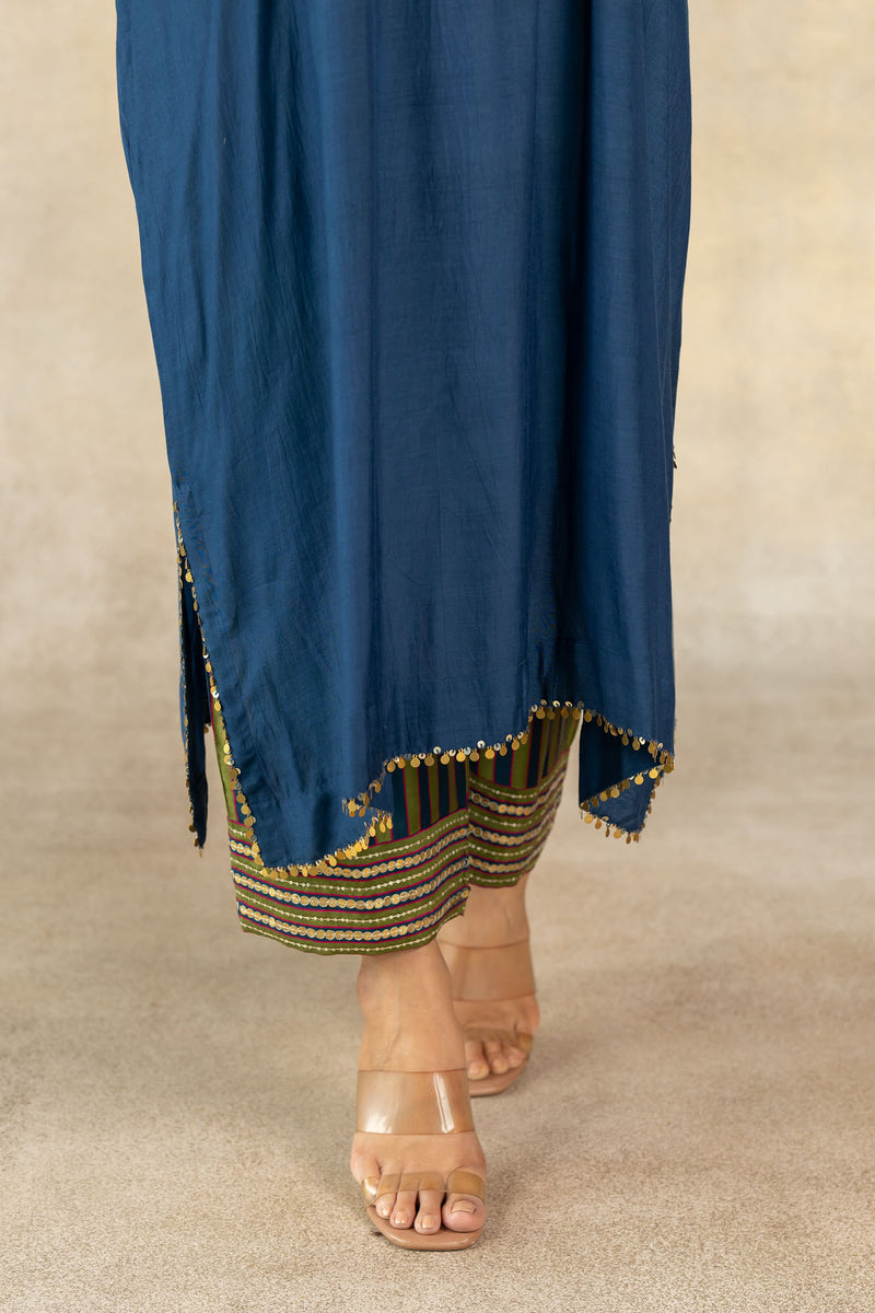 Teal blue embroidered yoke kaftan set