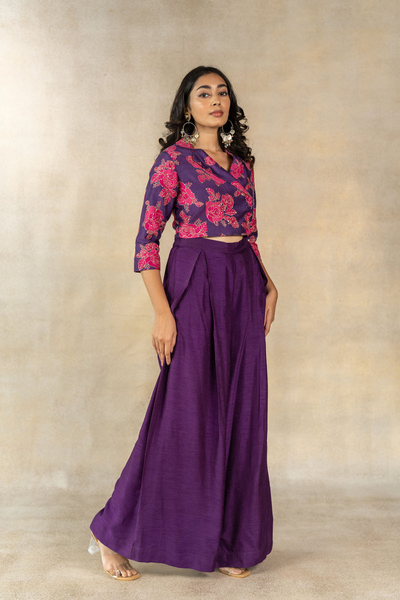 Purple floral printed cropped blazer co-ord set