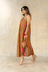 Mustard- mehendi green striped one shoulder kaftan