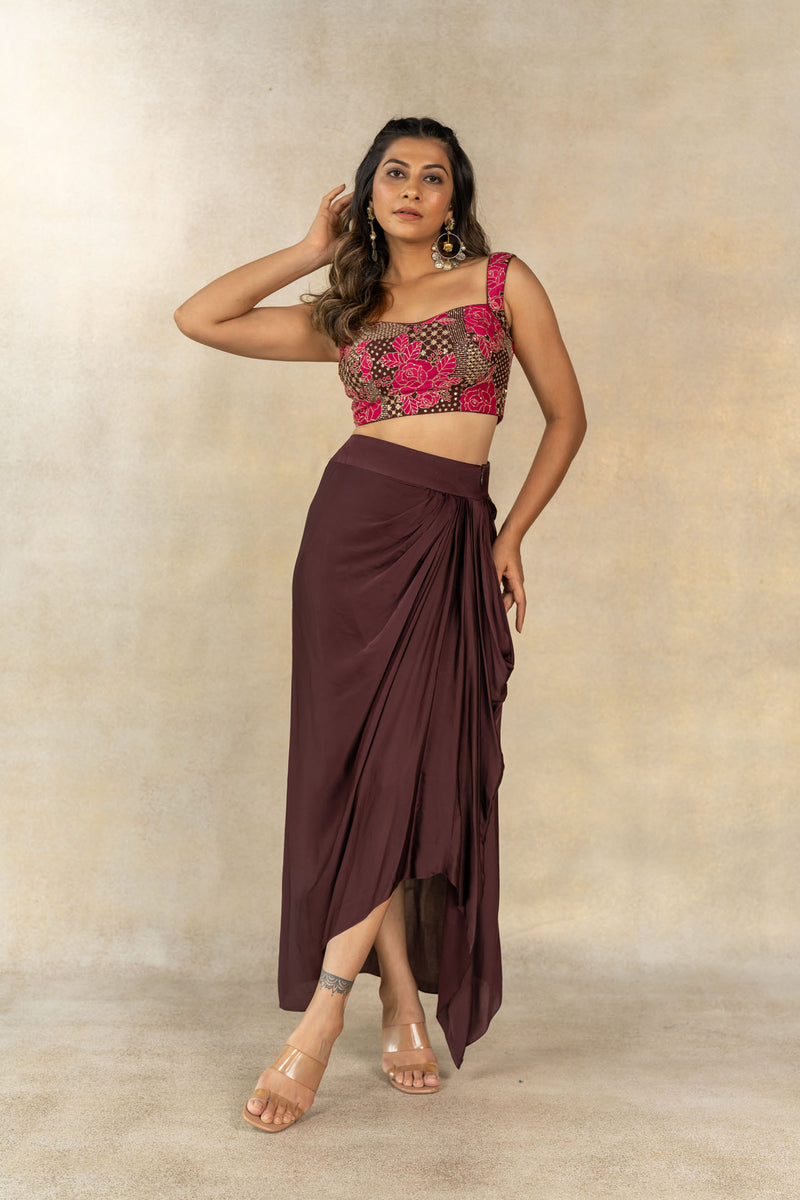 Brown draped skirt set