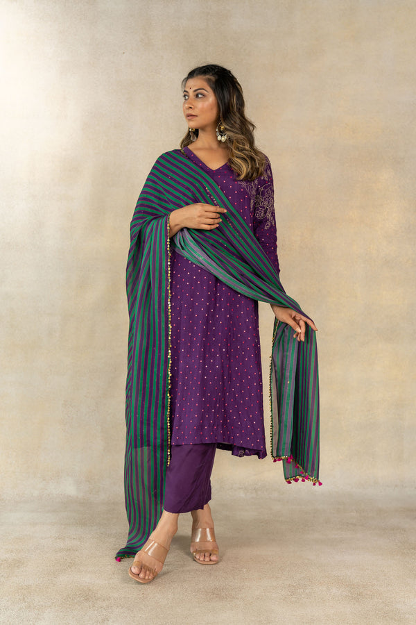 Green-purple multicolor striped printed dupatta