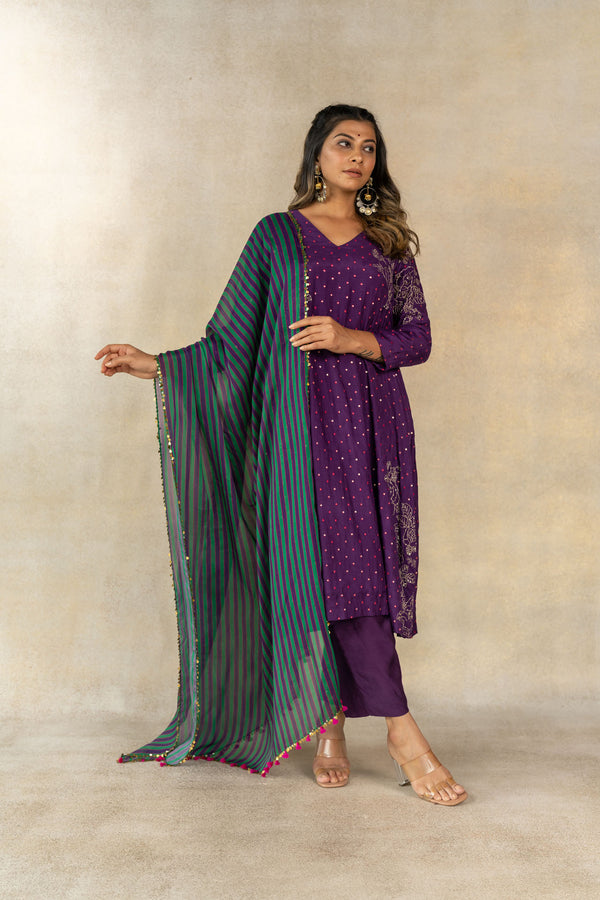 Green-purple multicolor striped printed dupatta