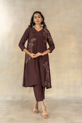 Brown rose motifs embroidered kurta set