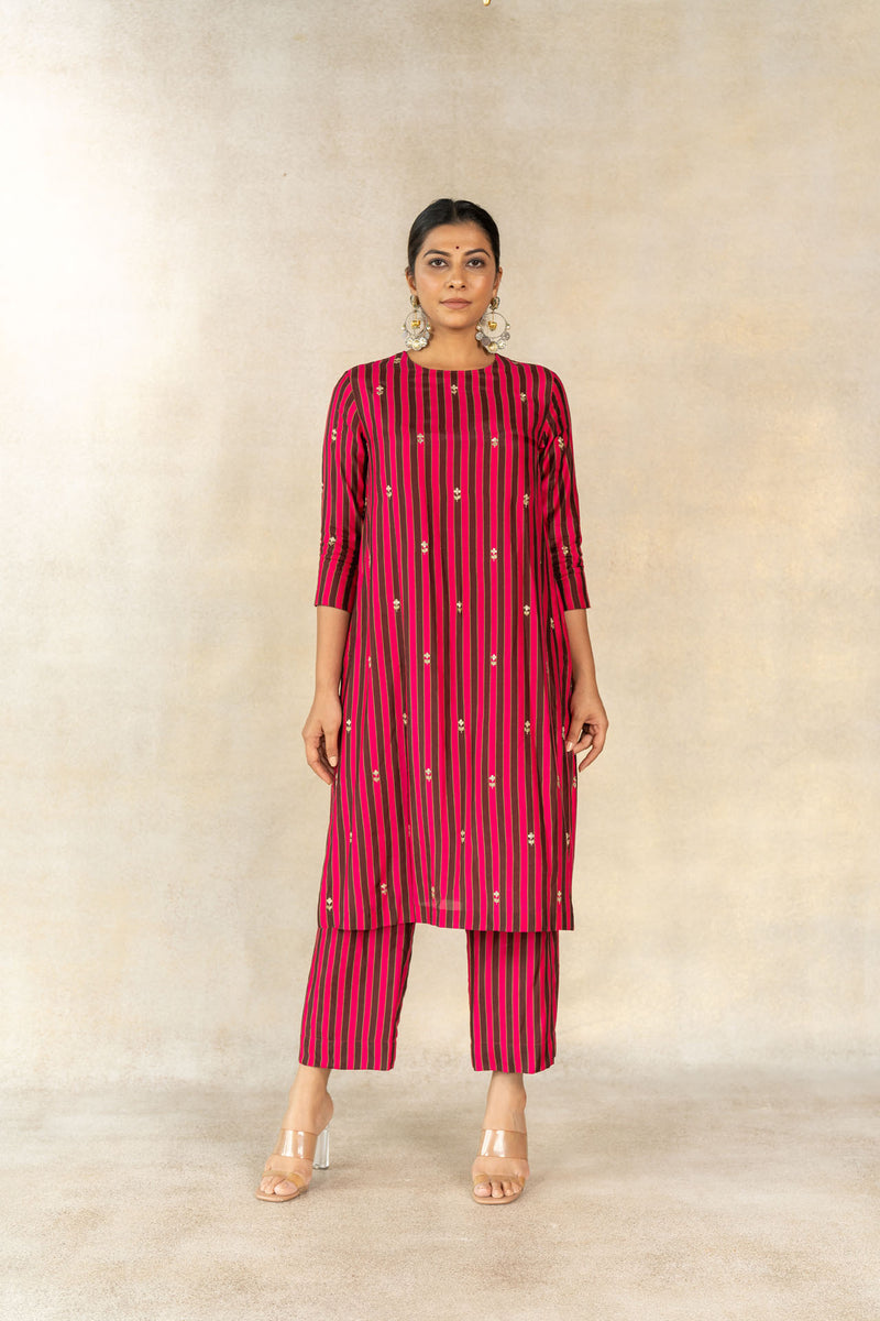 Brown-pink multicolor striped printed embroidered kurta set