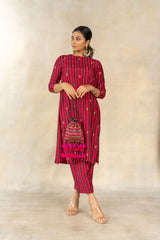 Brown-pink multicolor striped printed embroidered kurta set