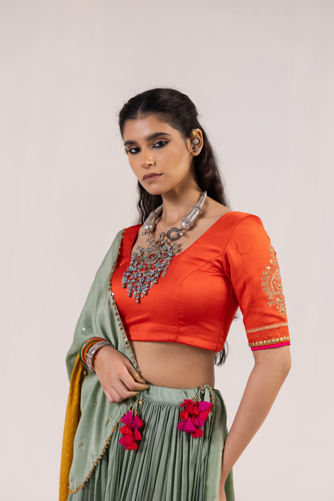 ORANGE AND SEA GREEN LEHENGA SET