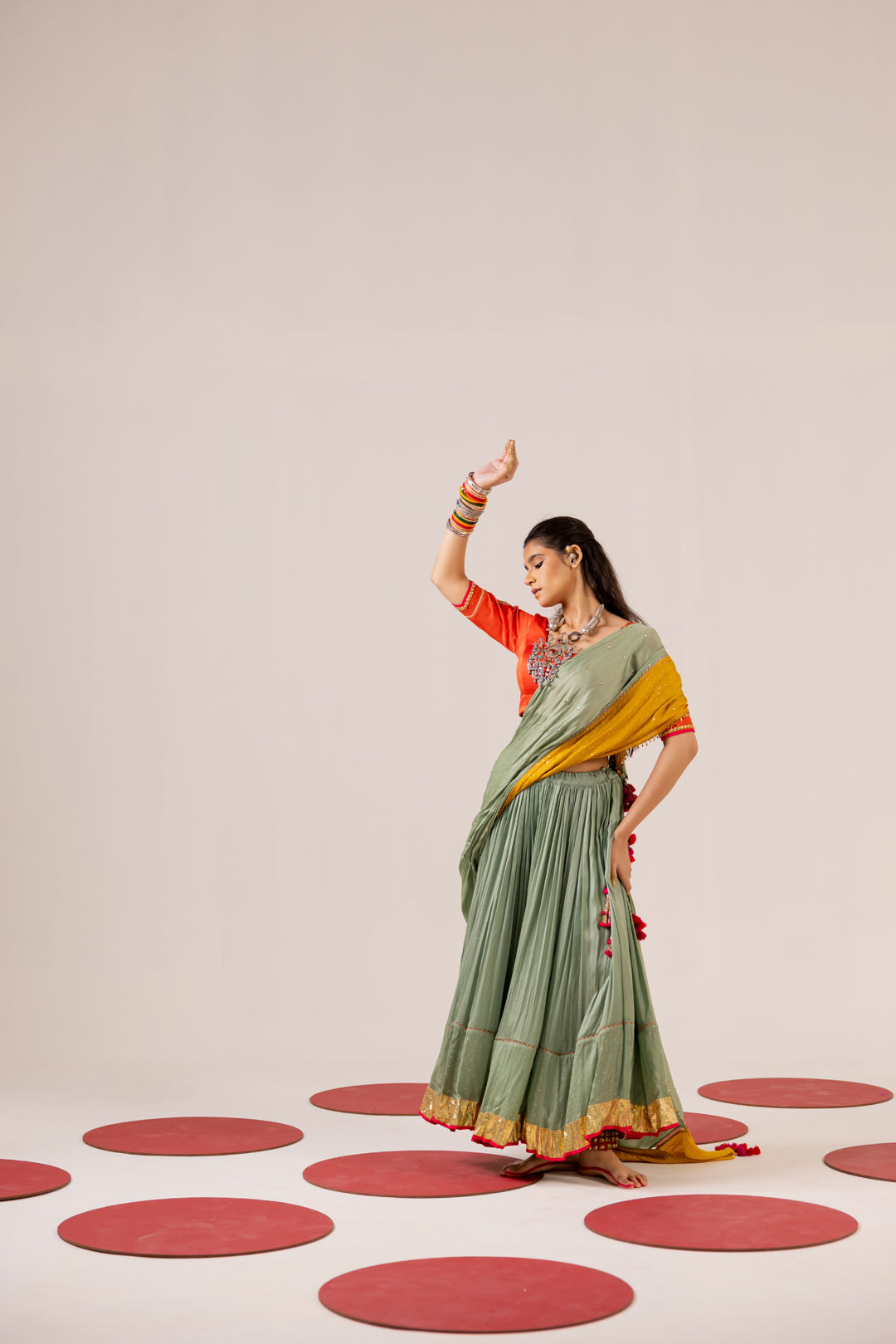 ORANGE AND SEA GREEN LEHENGA SET