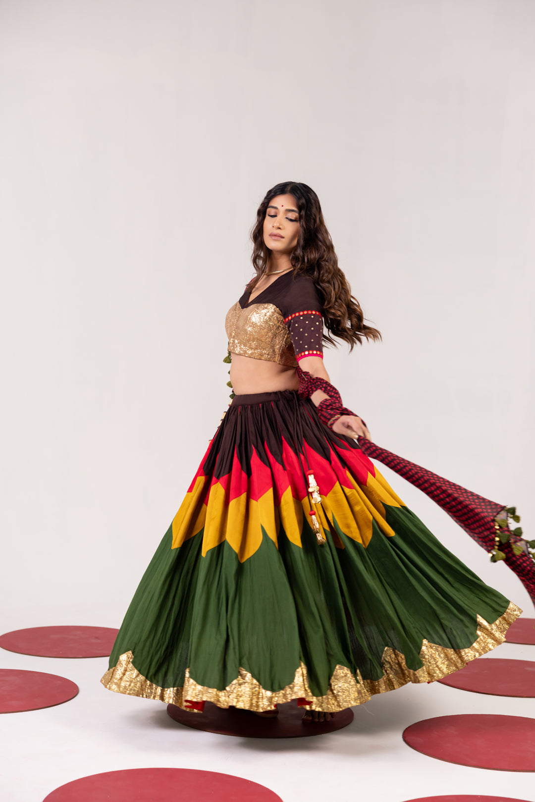 BROWN AND MULTICOLOR LEHENGA SET