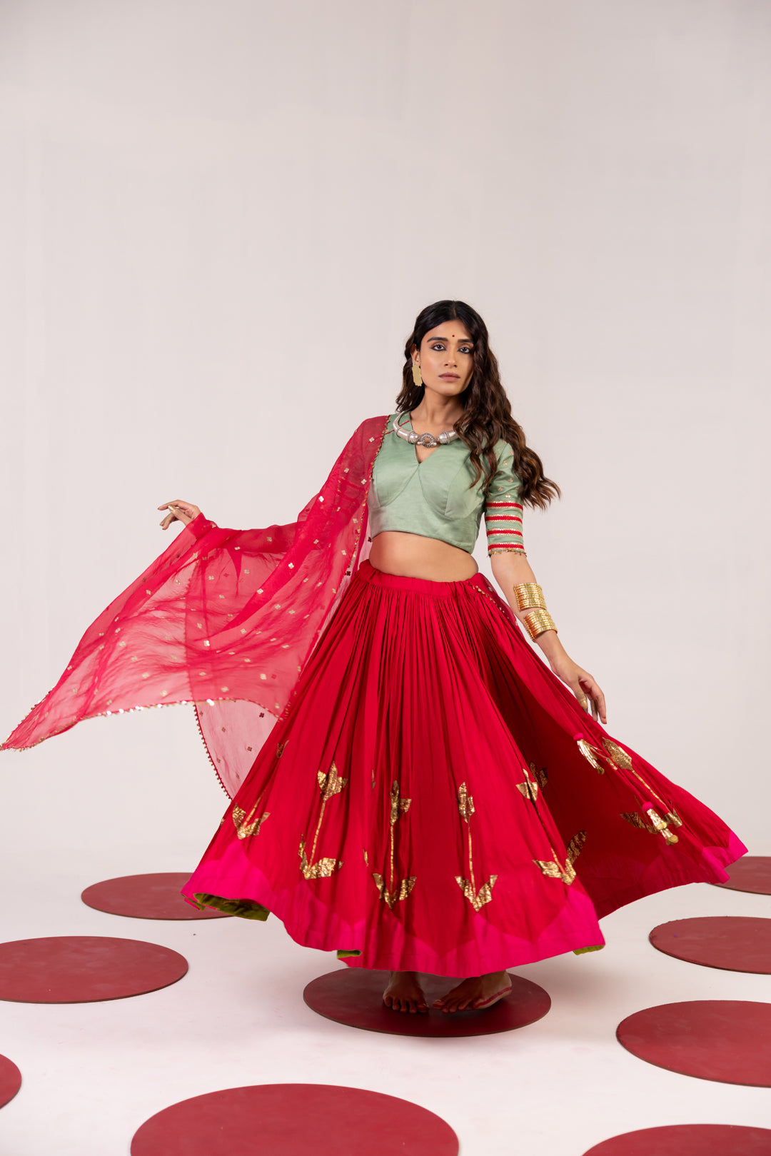 SEA GREEN & RED LEHENGA SET