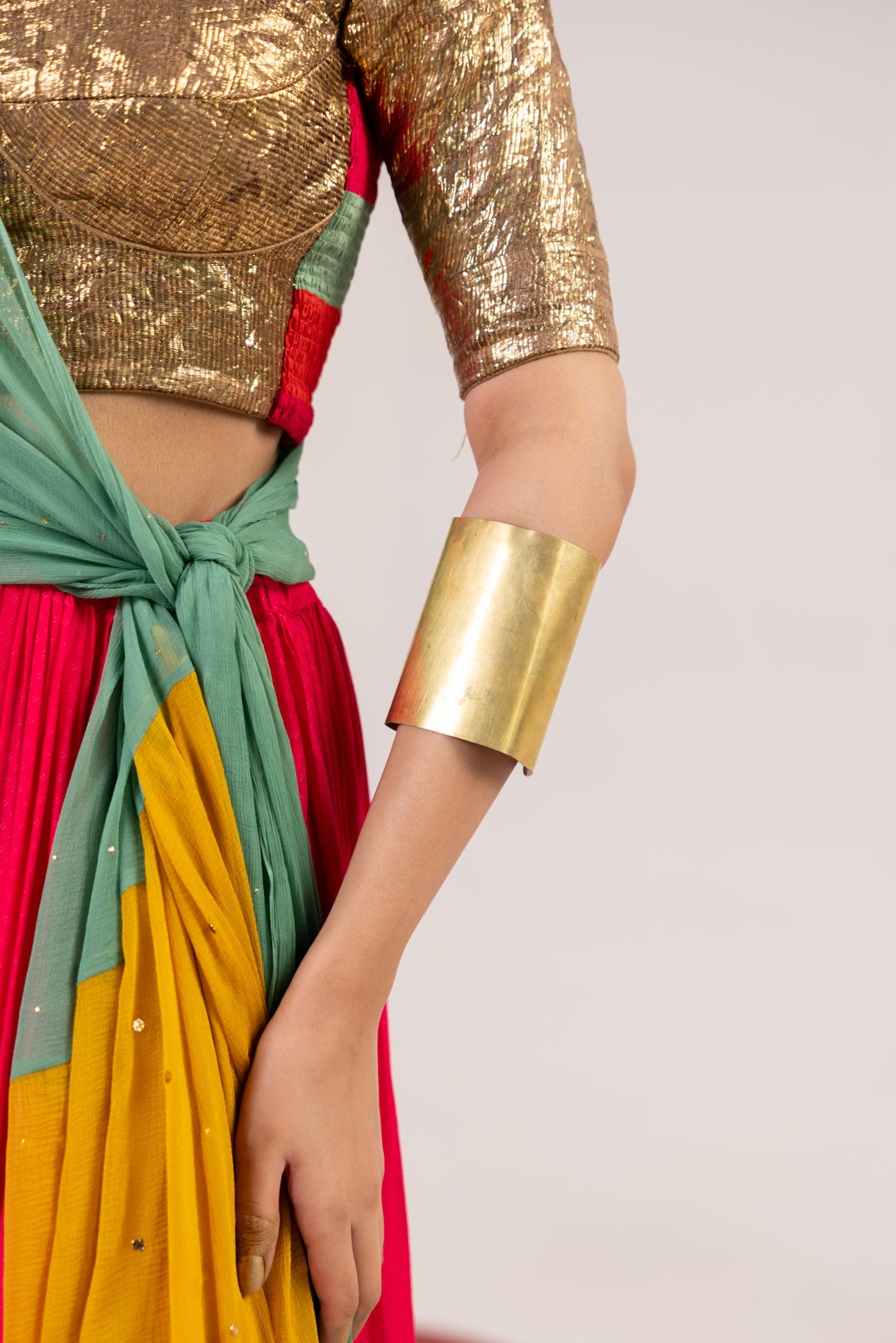 GOLDEN GOTA AND OFF WHITE/ PINK LEHENGA SET