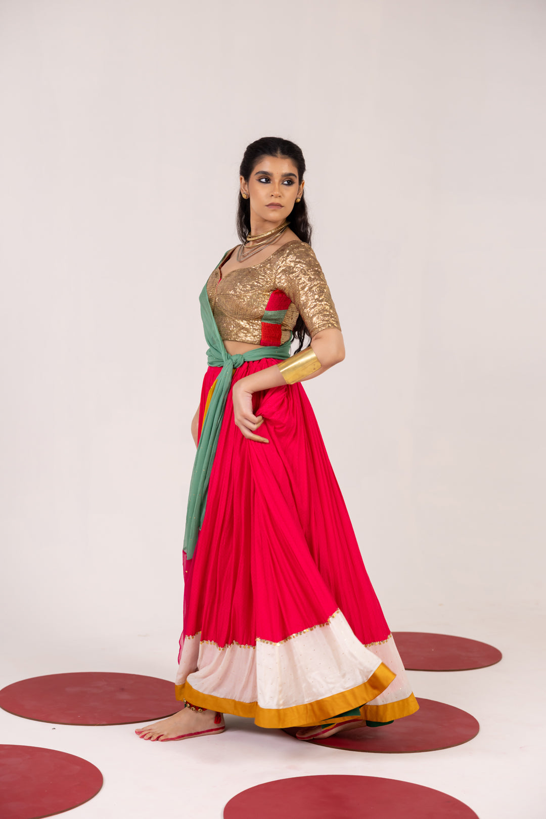GOLDEN GOTA AND OFF WHITE/ PINK LEHENGA SET