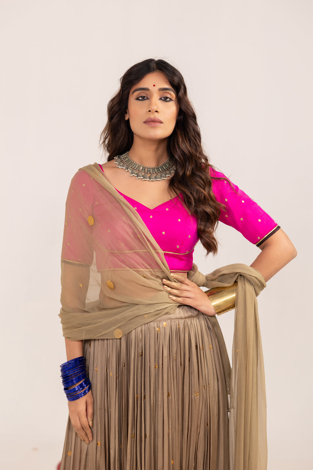 HOT PINK AND WARM GREY LEHENGA SET