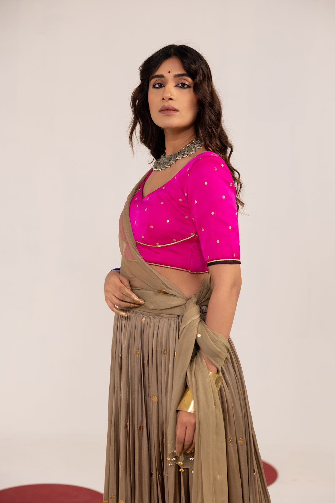 HOT PINK AND WARM GREY LEHENGA SET
