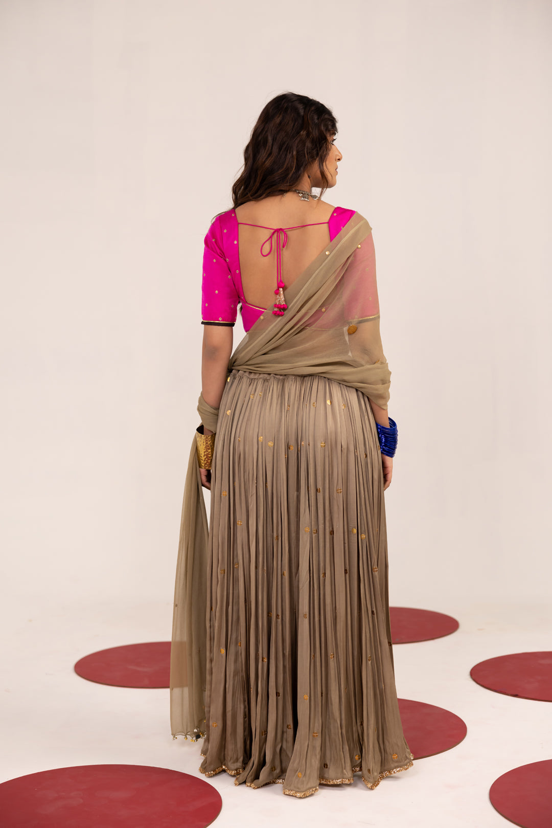 HOT PINK AND WARM GREY LEHENGA SET