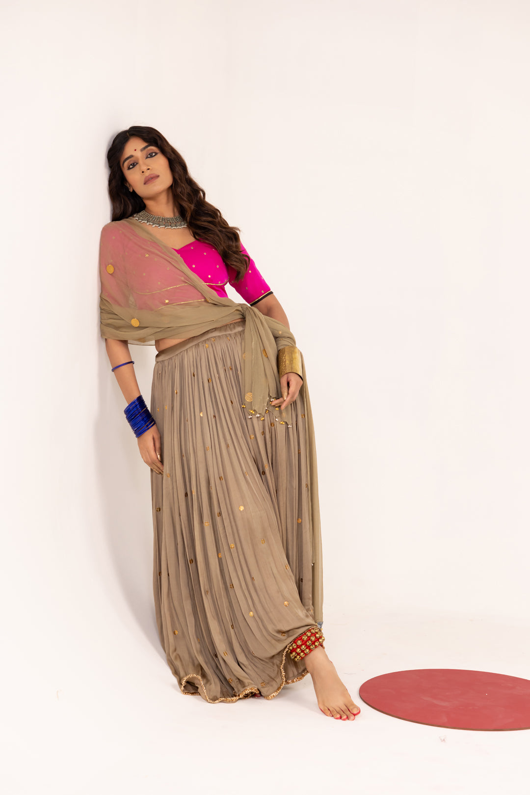 HOT PINK AND WARM GREY LEHENGA SET