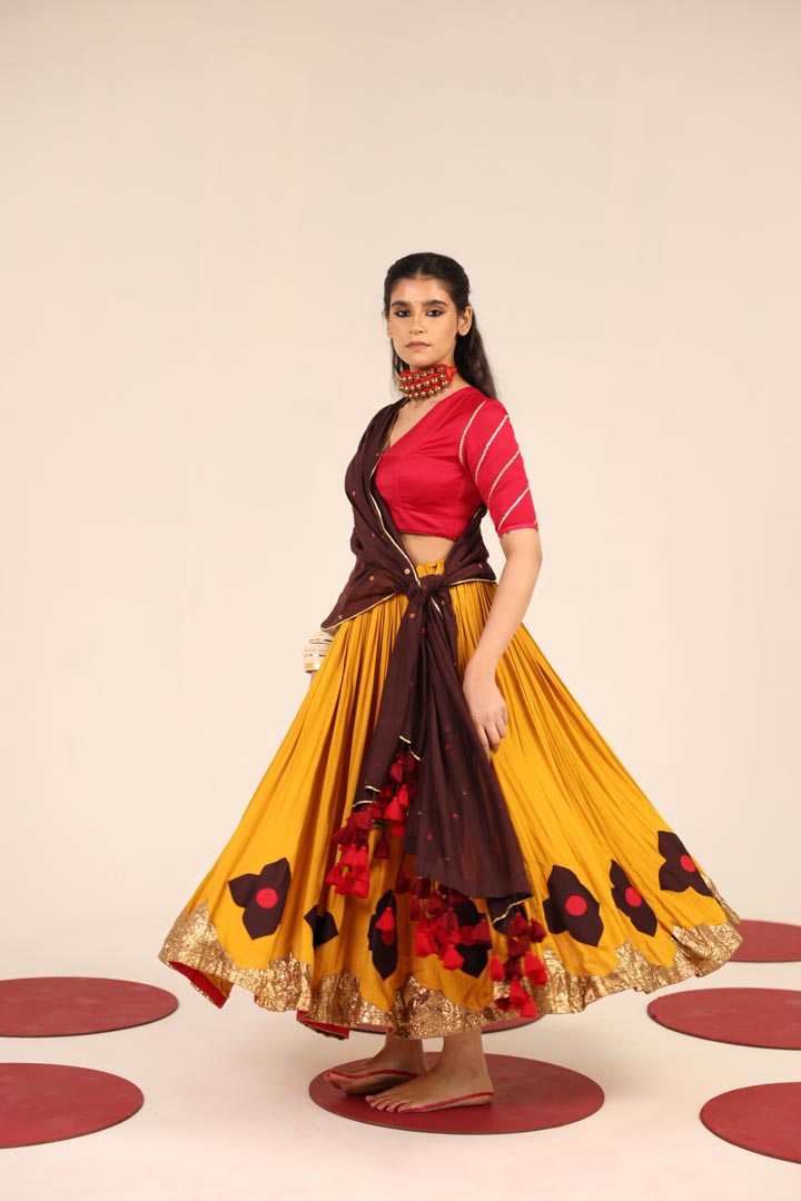 Red and Mustard lehenga set