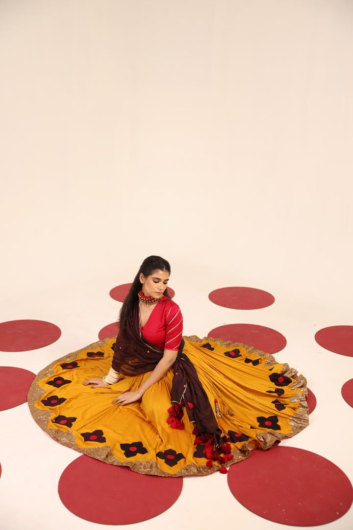 Red and Mustard lehenga set