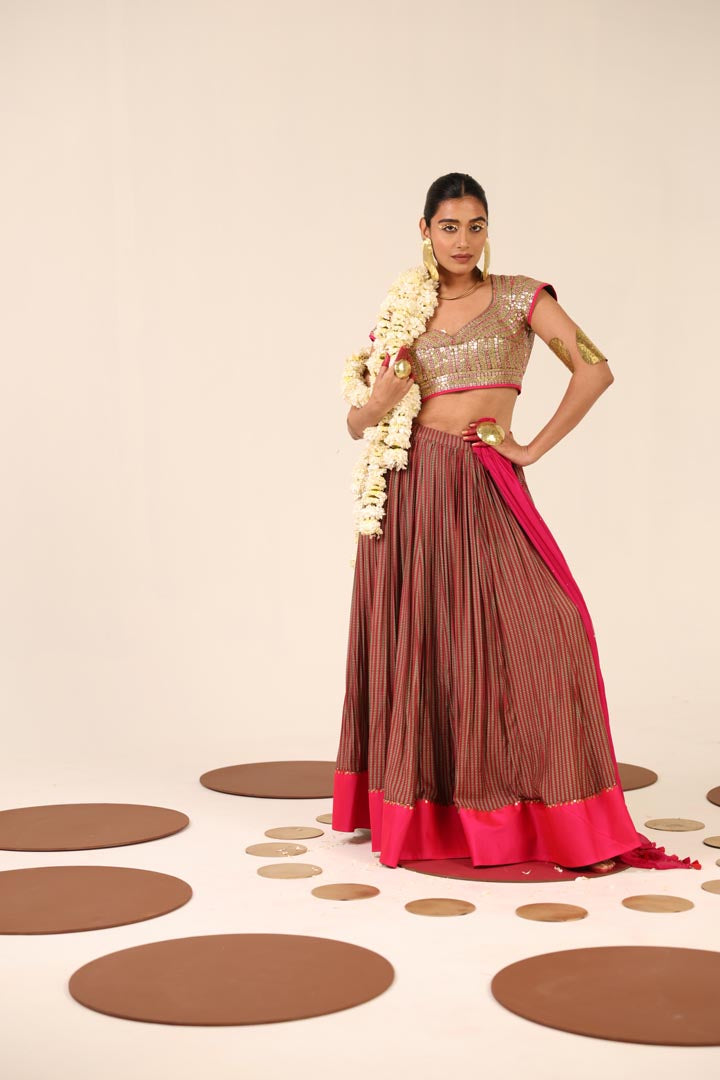 BROWN AND PINK PRINTED LEHENGA SET