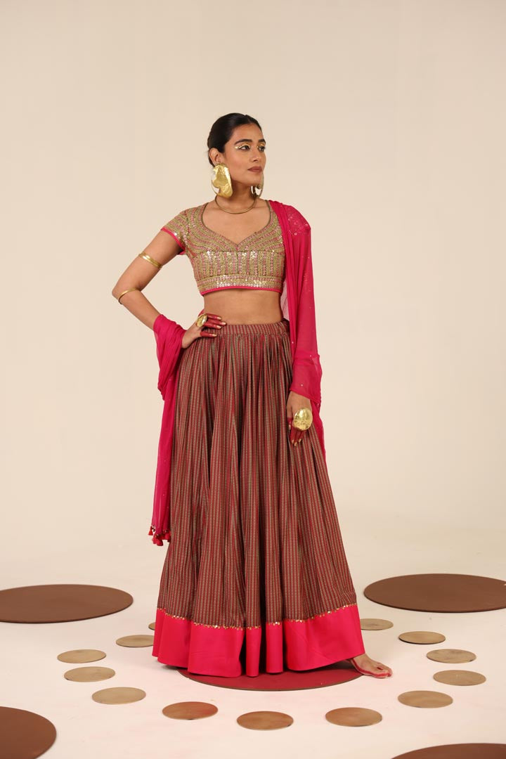 BROWN AND PINK PRINTED LEHENGA SET