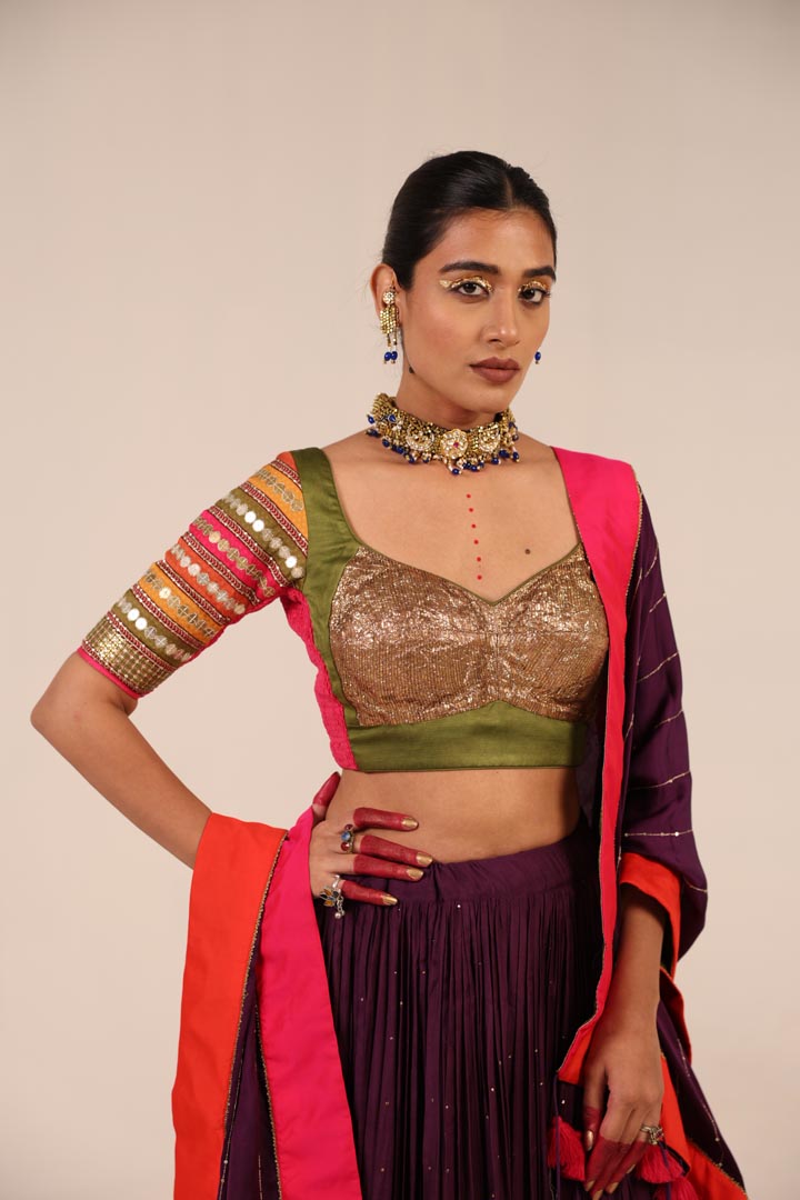 GOLDEN, OLIVE GREEN & PURPLE LEHENGA SET