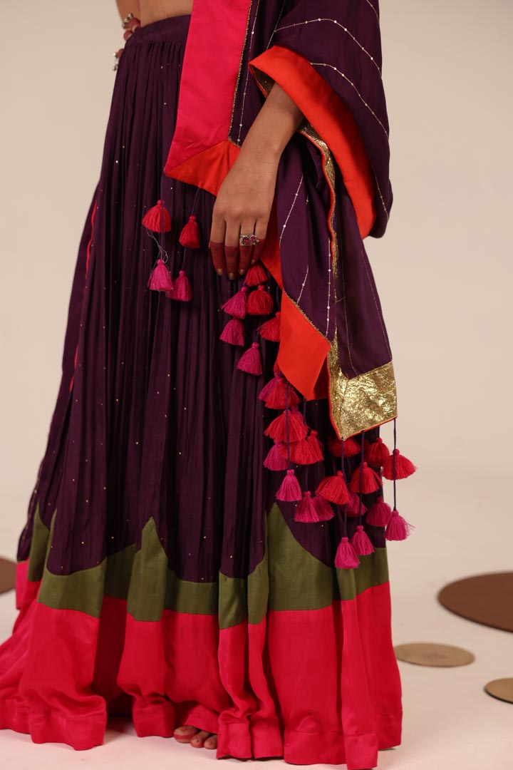 GOLDEN, OLIVE GREEN & PURPLE LEHENGA SET