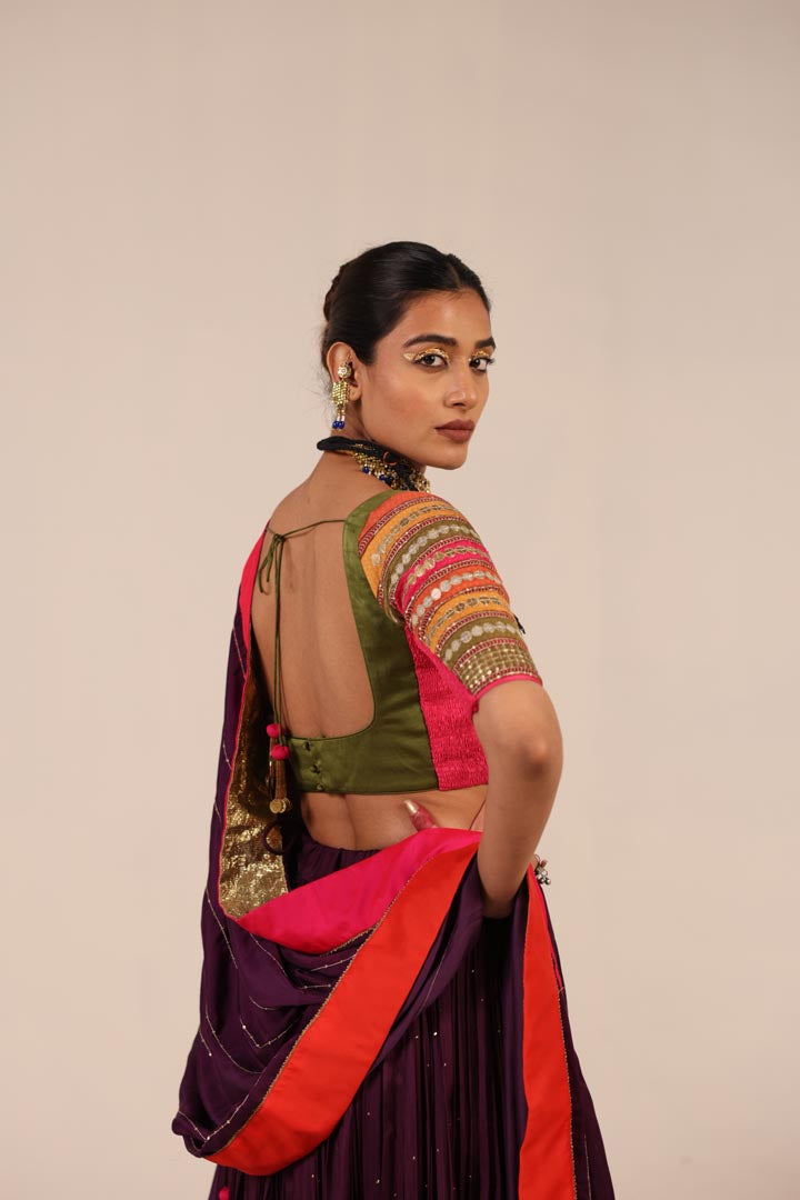 GOLDEN, OLIVE GREEN & PURPLE LEHENGA SET
