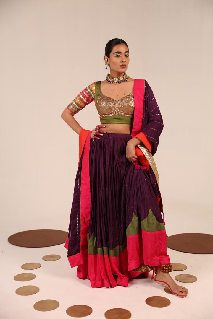 GOLDEN, OLIVE GREEN & PURPLE LEHENGA SET