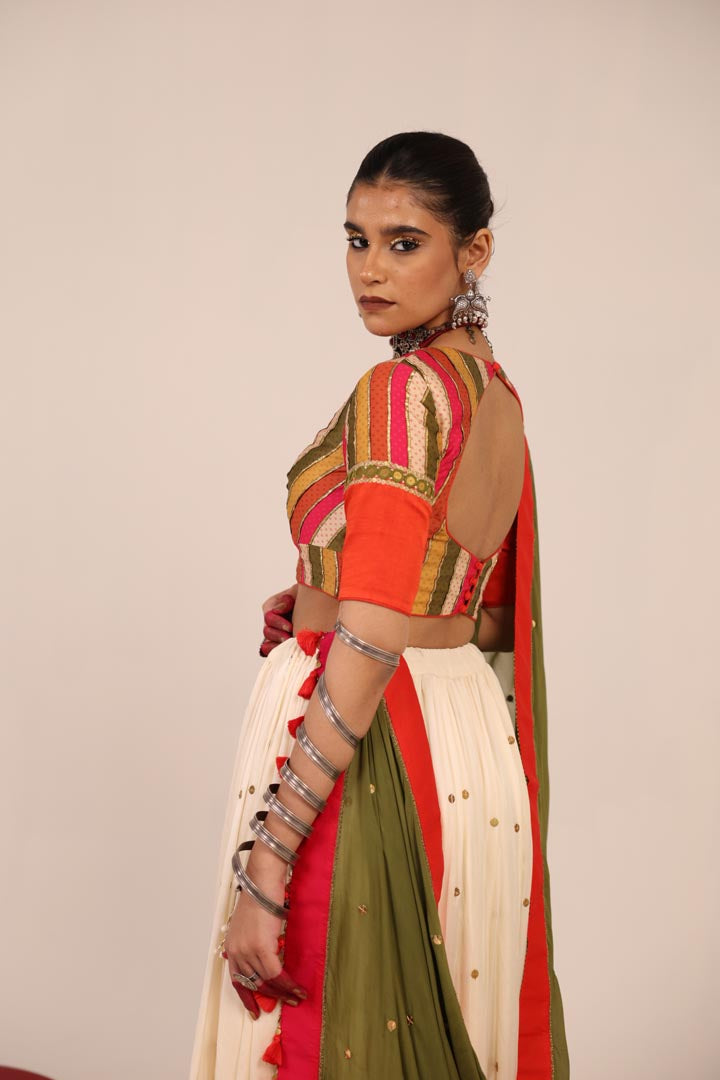 MULTICOLOR & OFF WHITE LEHENGA SET