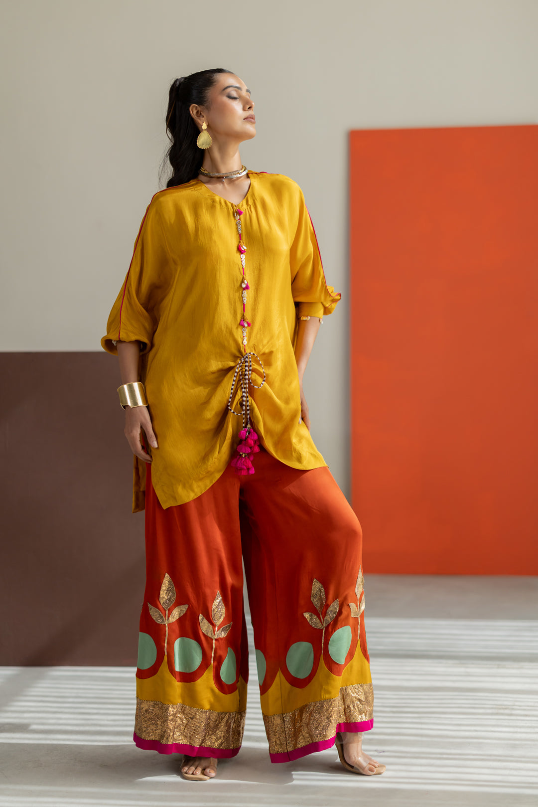 Mustard top and orange lampi gota pants set