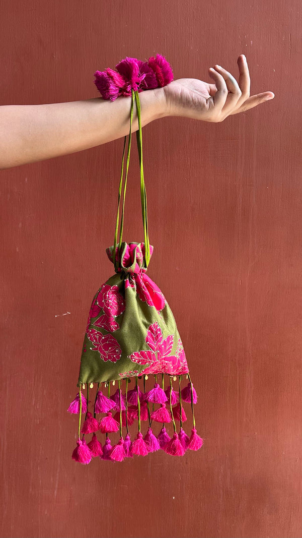 Mehendi green floral printed embroidered potli bag