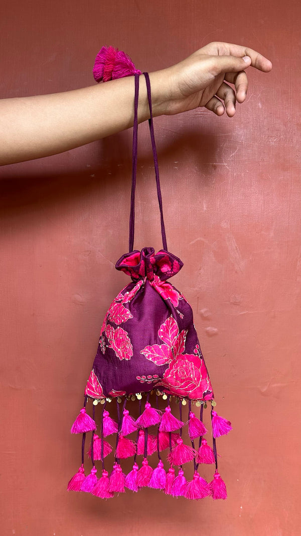 Magenta floral printed embroidered potli bag